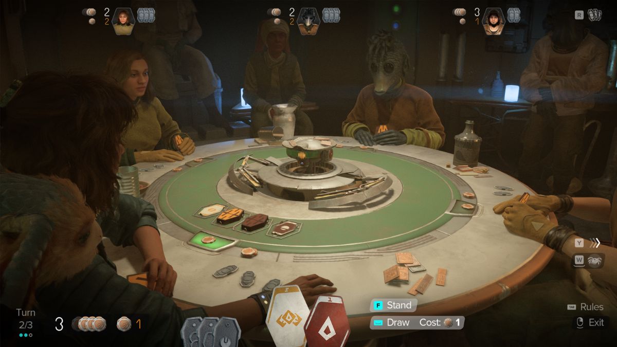 Play Sabacc in Star Wars Outlaws - Player choosing to draw or stand.