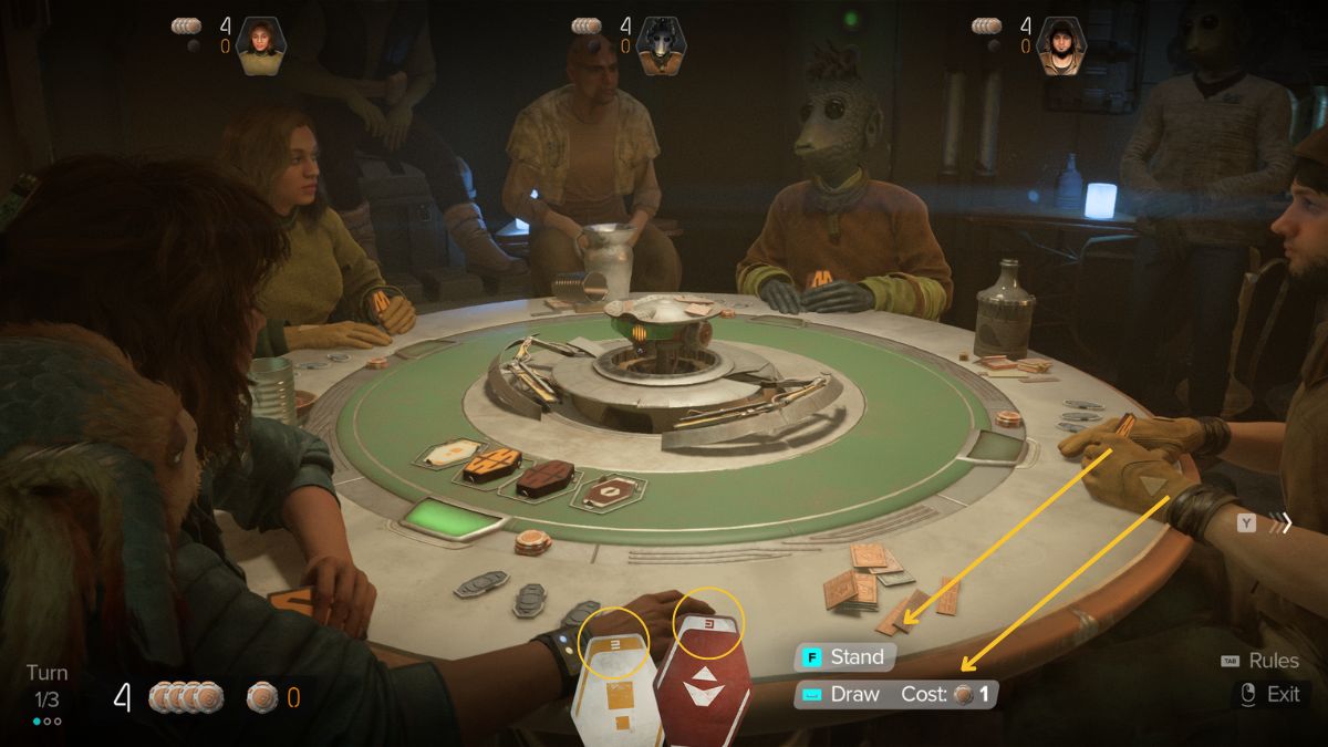 Play Sabacc in Star Wars Outlaws -Kay Sitting at table holding cards with aliens