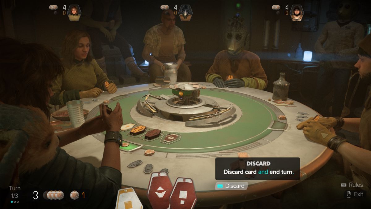 Play Sabacc in Star Wars Outlaws - Kay choosing to discard a card.