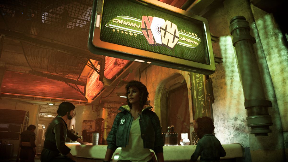 Play Sabacc in Star Wars Outlaws - Kay Standing under a Sabacc Sign.