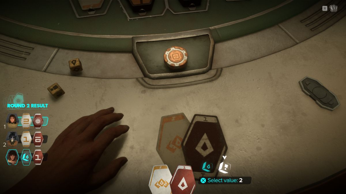 Play Sabacc in Star Wars Outlaws - Kay Rolling dice with imposter card. 