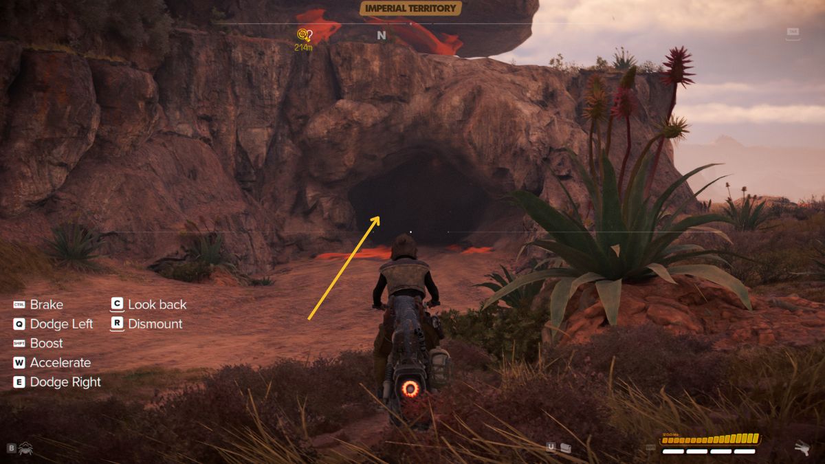 Star Wars Outlaws Smoke Bomb Compressor - Kay on speeder near cave