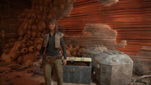 Star Wars Outlaws Smoke Bomb Compressor - Kay standing next to open chest