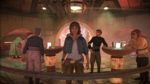 Star Wars Outlaws Stuttering - Kay Vess standing in Cantina