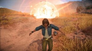 Star Wars Outlaws throw grenade - Kay cowering from explosion