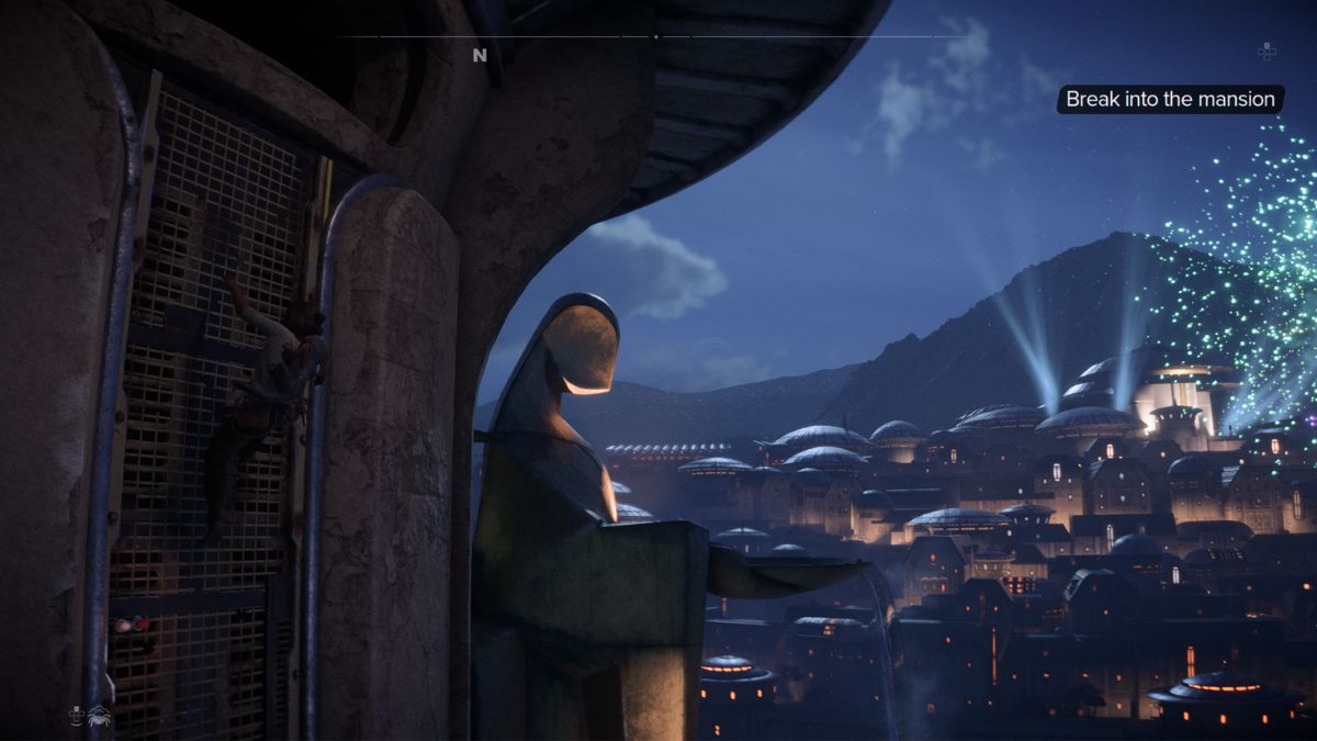 When does Star Wars Outlaws Take Place - Kay Vess climbing tower overlooking city