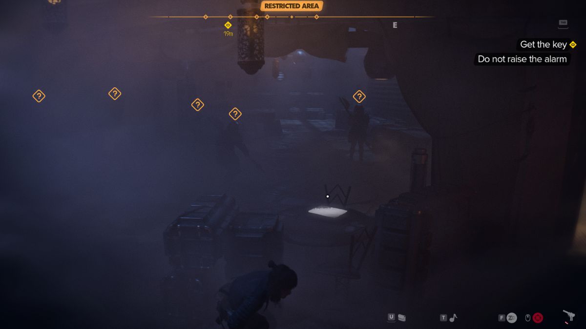 Throw Grenades in Star Wars Outlaws - Smoke bomb filling room with guards.