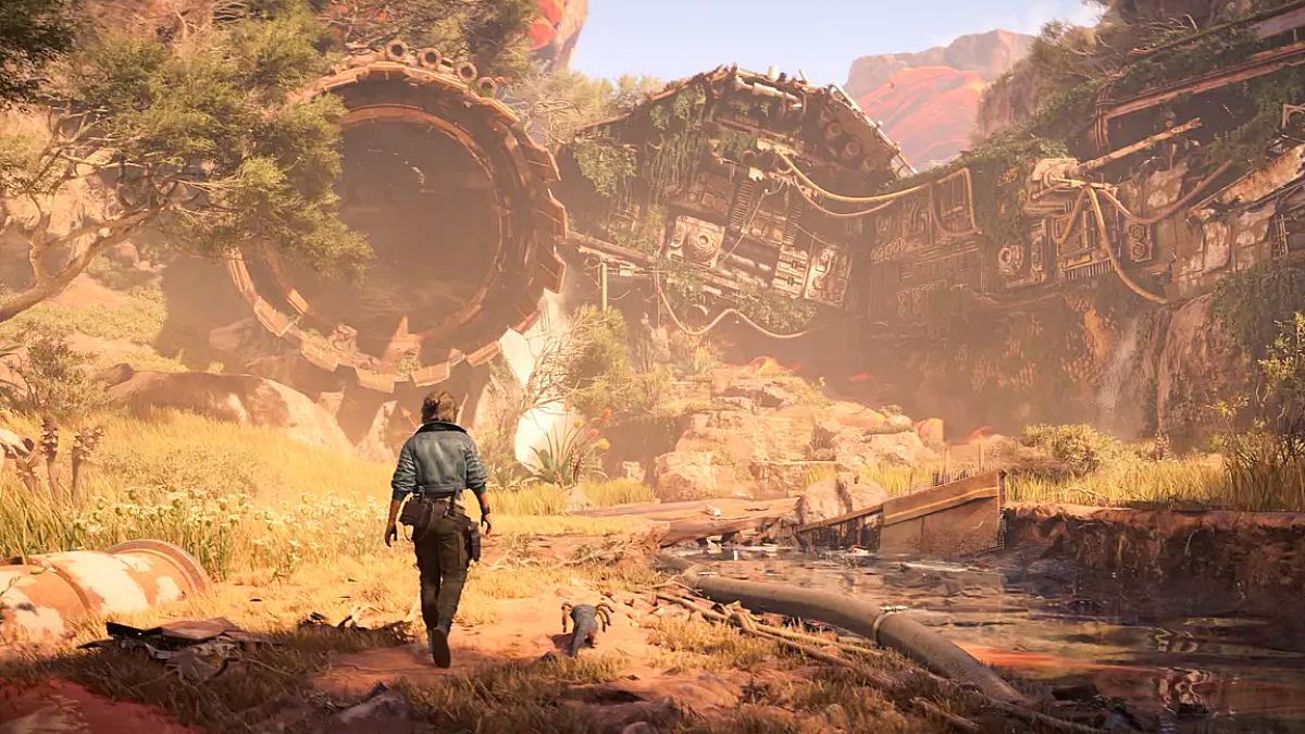 Kay Vess walking through ruins with Nix