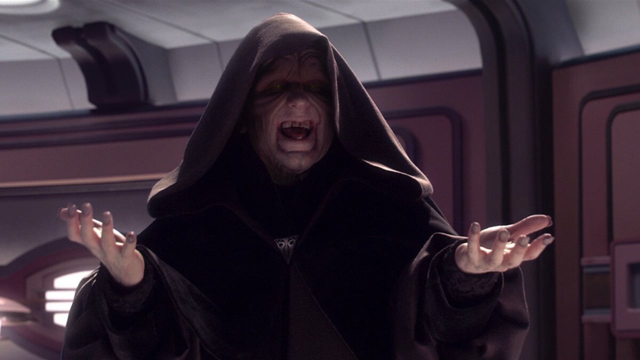 Emperor Palpatine, wearing a dark hooded robe and menacingly expressing anger, with his hands raised, appears inside a Fortnite-themed spaceship.