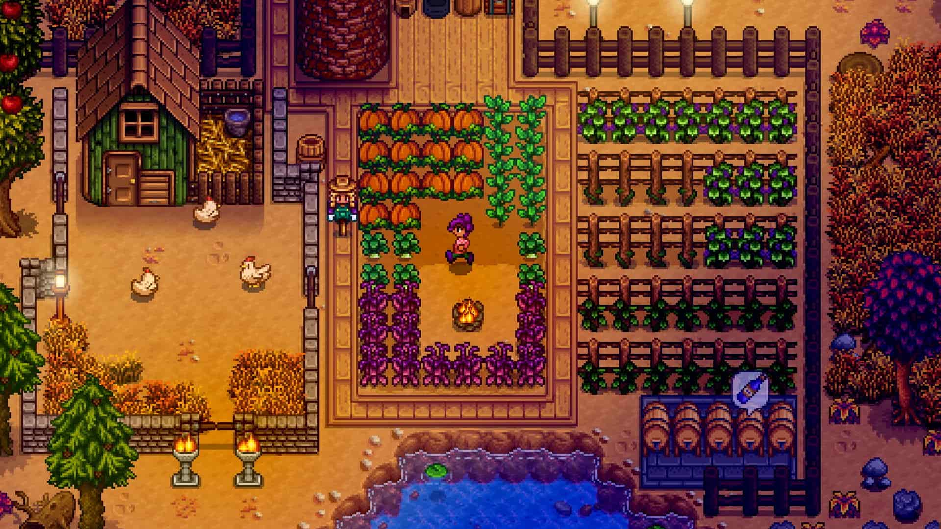 Stardew Valley farm with crops and chickens