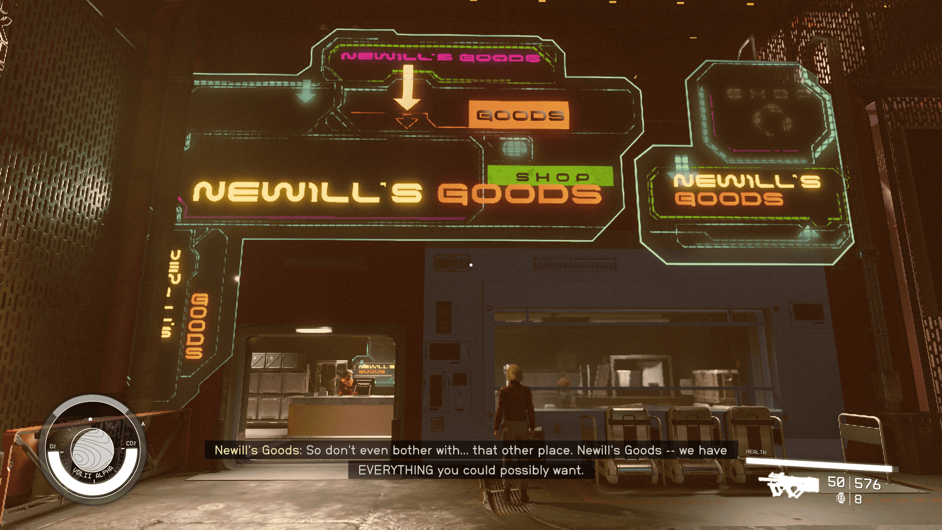 A neon-lit building in the video game Starfield, indicating where to buy ammo.