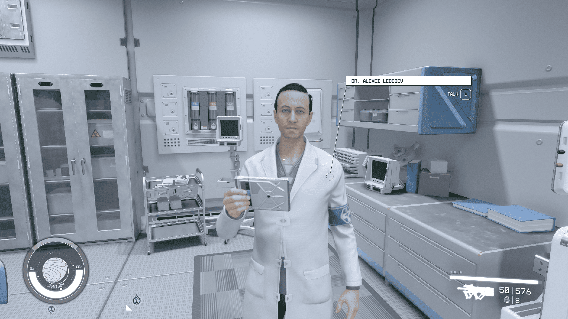 A man in a lab coat is researching lung damage using a microscope in Starfield.