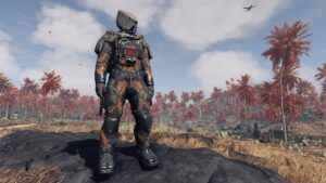 Starfield Bounty Hunter Spacesuit: character wearing spacesuit on lush, paradise planet.