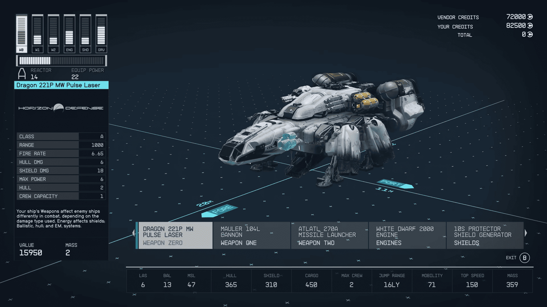 Starfield starship weapons: The ship customisation menu showing the equipped weapons, engines, and shields.