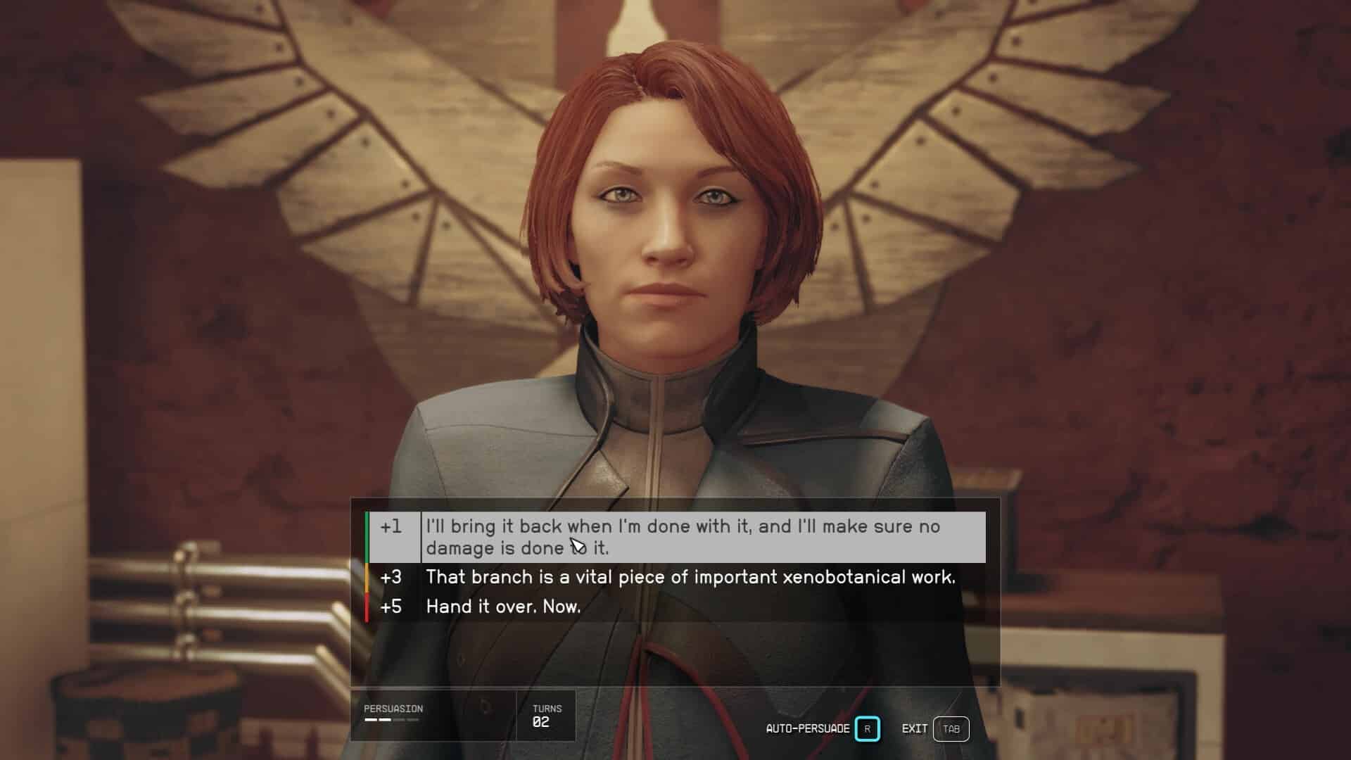 A woman with red hair is standing in front of a computer screen, trying to persuade Leah Casler to hand over the branch for the Starfield Late Bloomer quest.