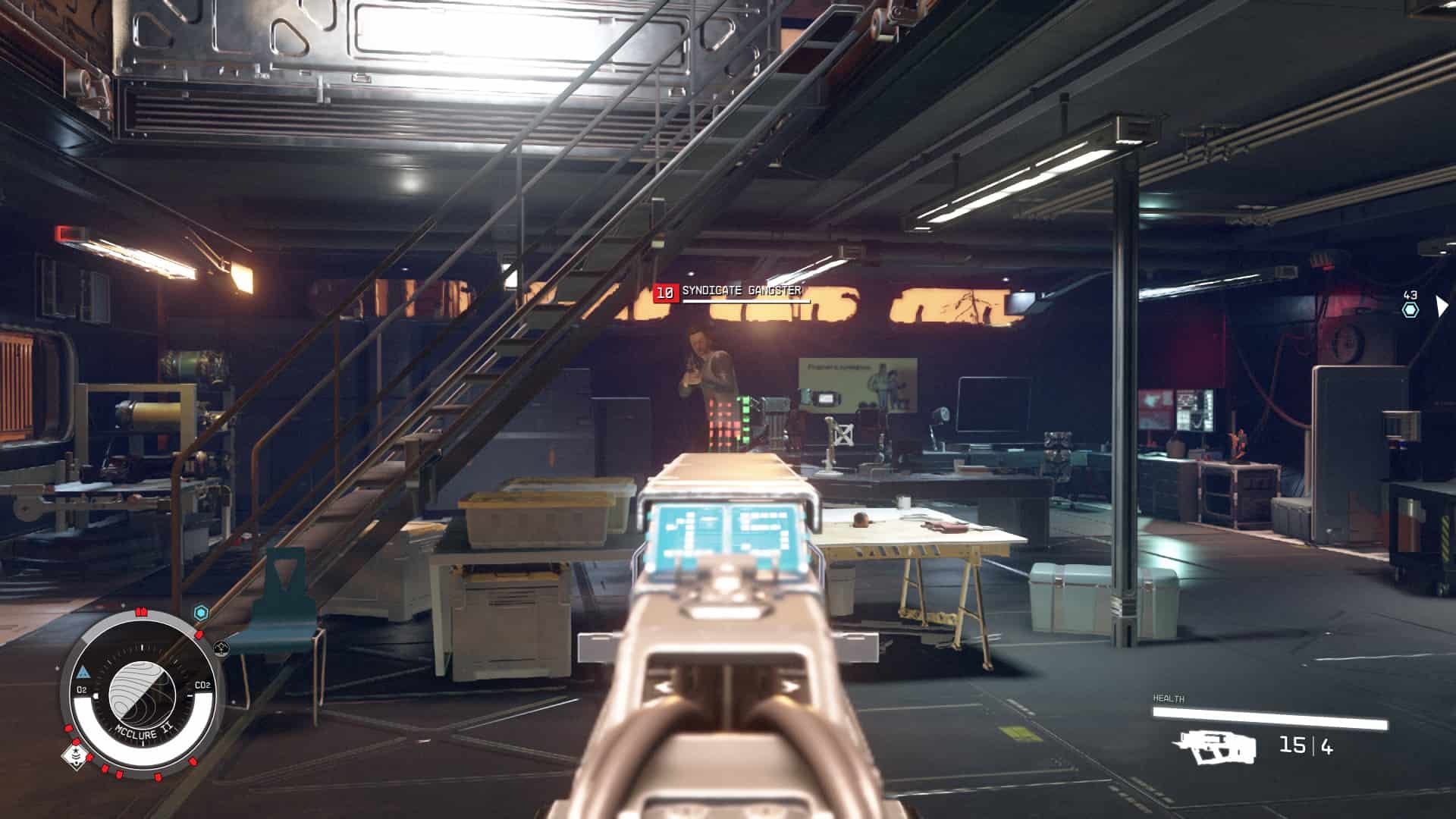 Starfield Matters of the Hart: The player aiming a gun at a Syndicate Gangster.