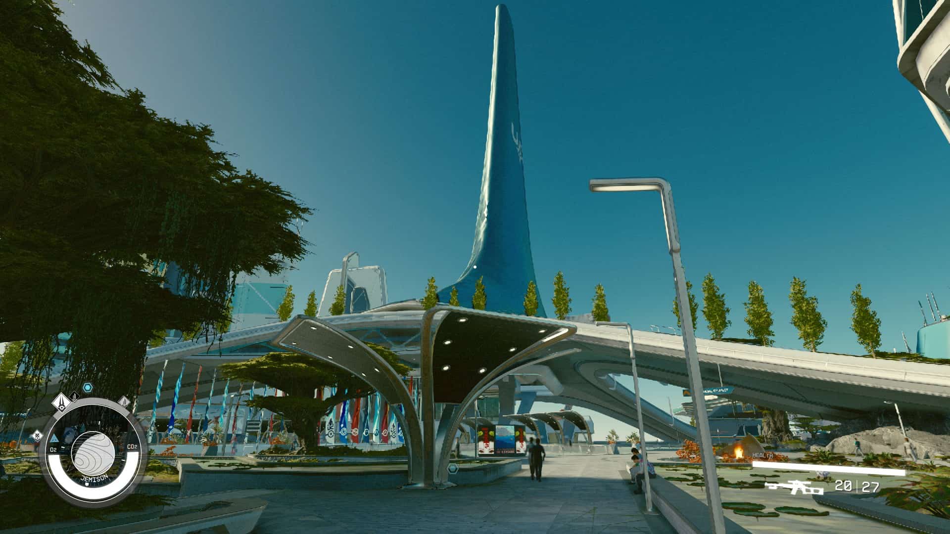 Starfield New Atlantis shops: The player looking at the UC building in New Atlantis' MAST District.