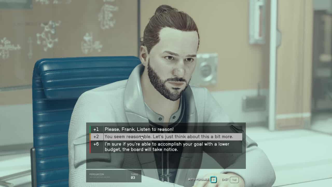 Starfield persuasion dialogue system: Player persuades doctor.