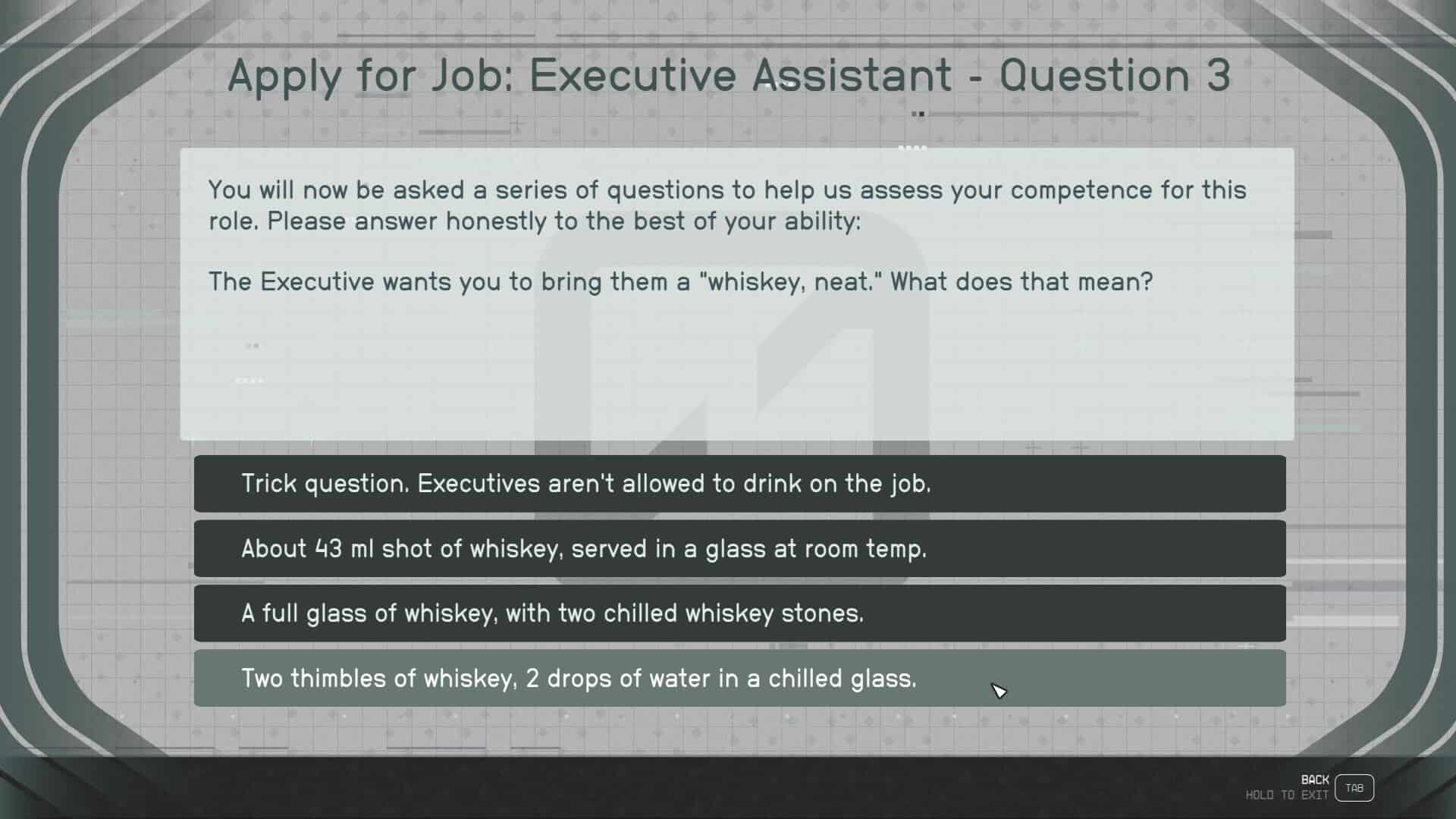 Starfield Red Tape Blues executive assistant application answers: terminal showing application questions.