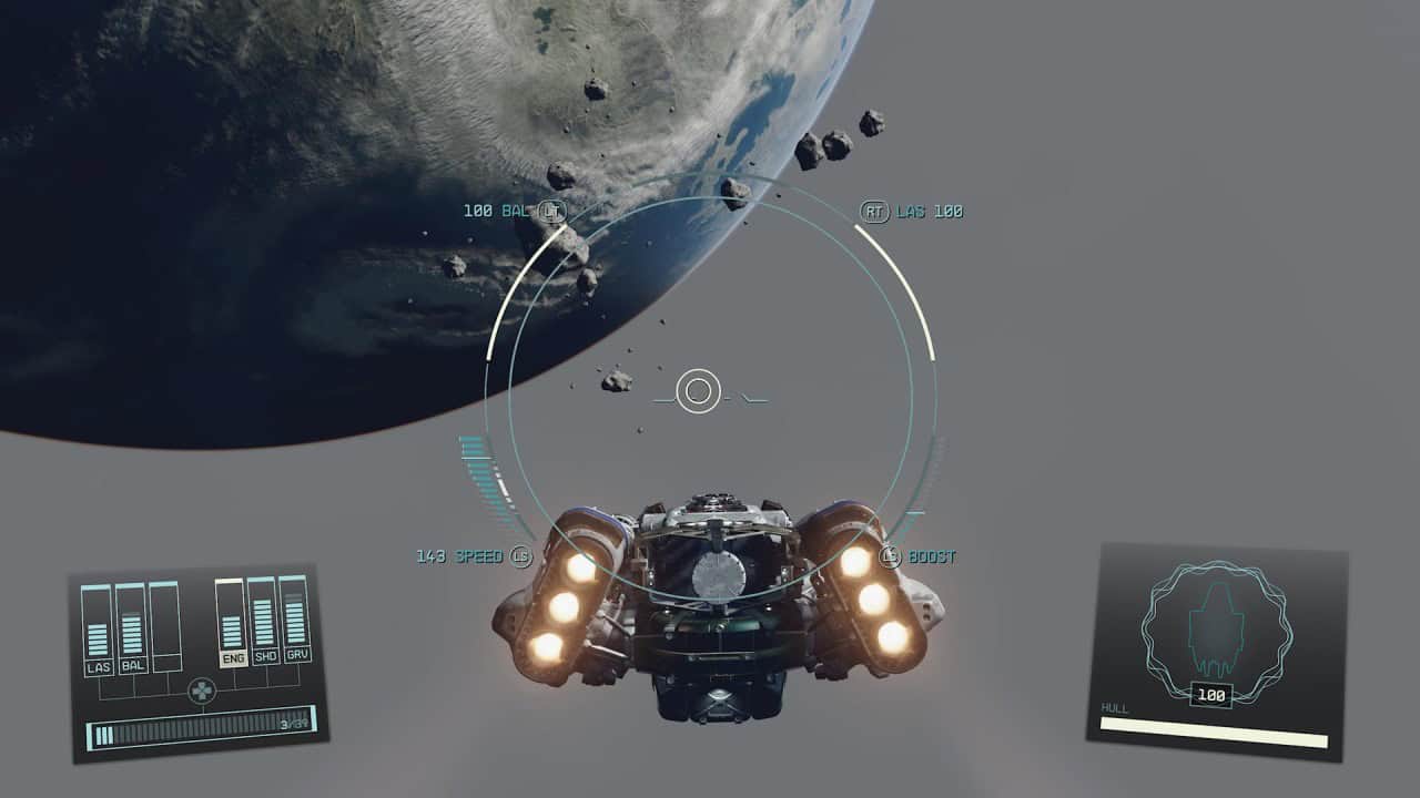 Spaceship in flight with exhaust visible, approaching a planet with orbiting asteroids against a starfield backdrop. Digital interface elements and cockpit view display navigation and hull status.