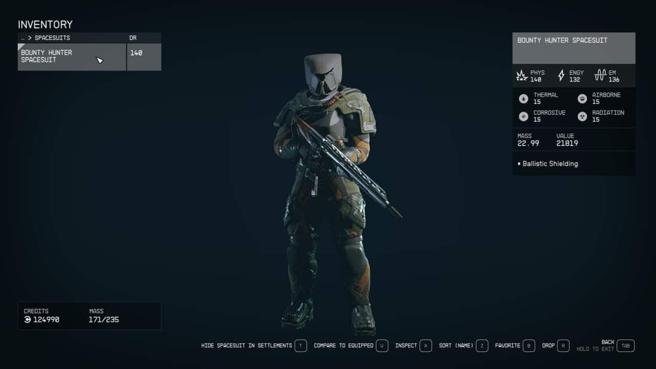 Starfield Bounty Hunter Spacesuit: Bounty Hunter Spacesuit in inventory.