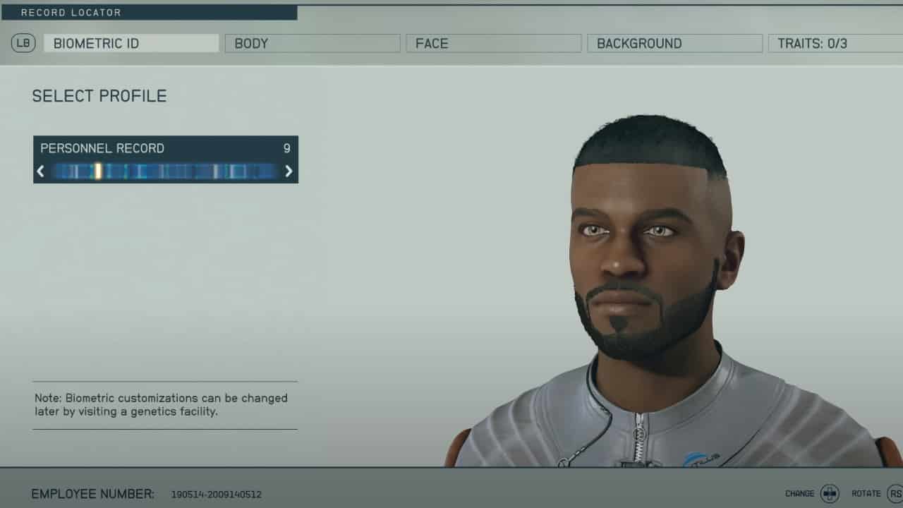 Starfield character creator: A template being selected in the Biometric ID tab.