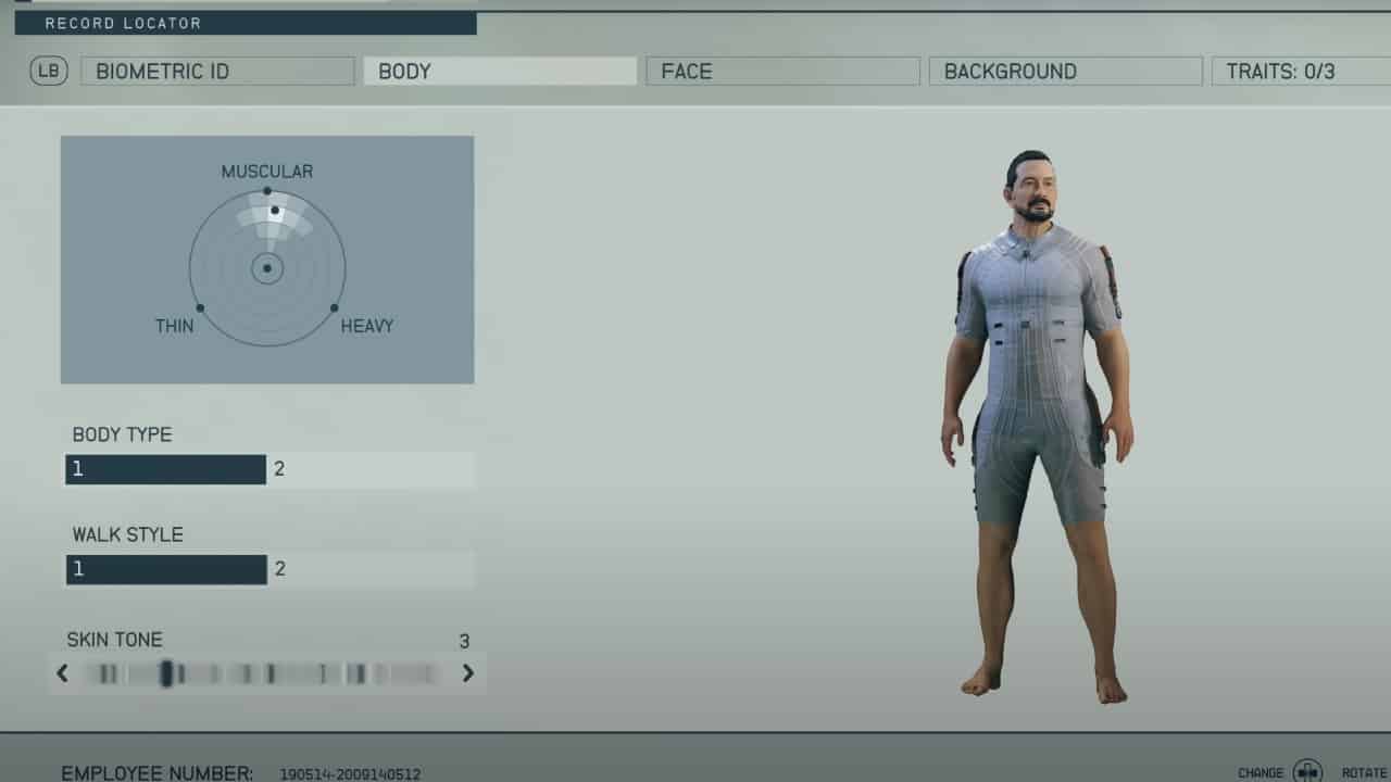 Starfield character creator: A body type being altered in the body tab.
