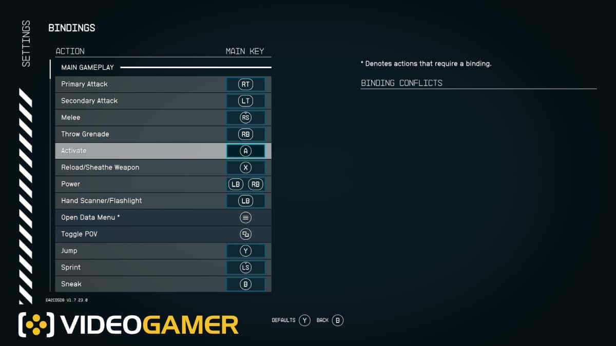 Starfield best controller settings, keyboard and mouse sensitivity: controller settings menu.