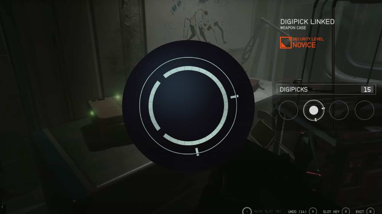 Starfield credits: A digipick - likely Starfield's lockpicking system, is opened by a player.