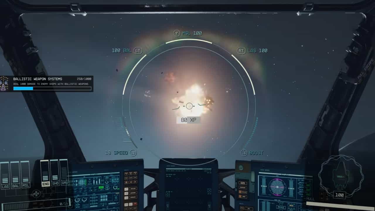 Starfield credits: A player blows up a starship in space combat.