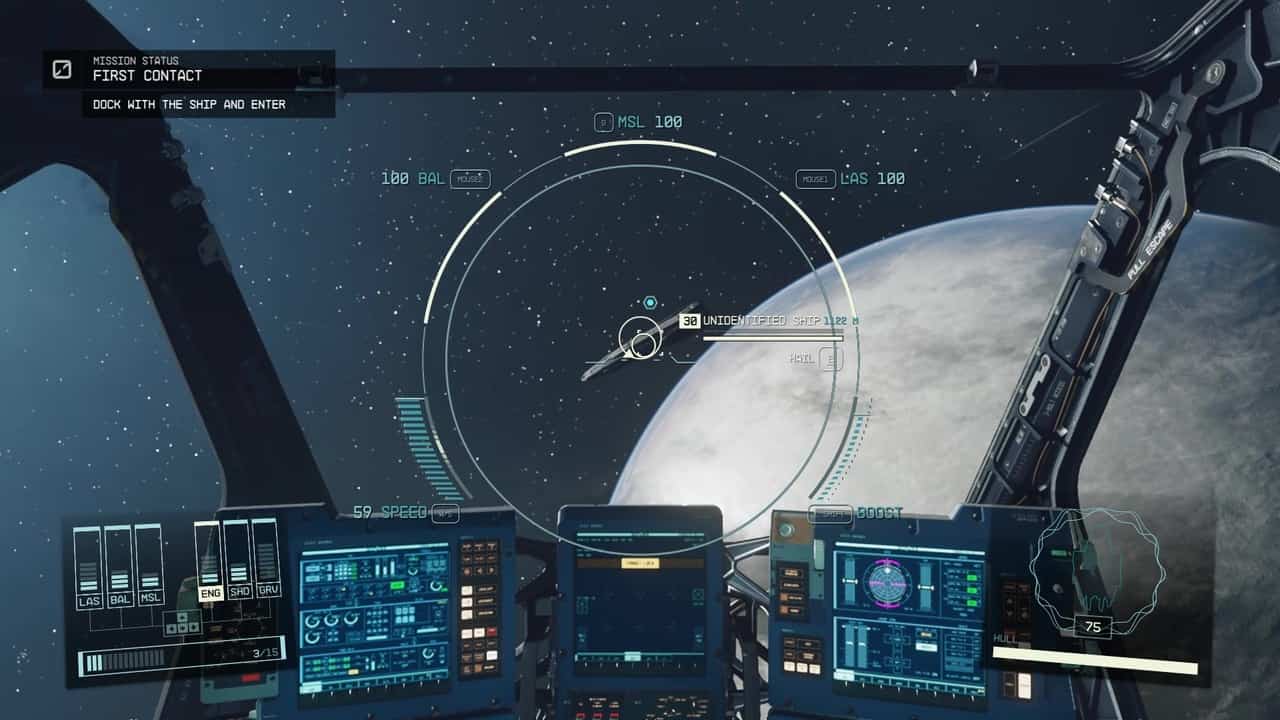 Starfield First Contact best choice: cockpit of ship with Unidentified ship in view.