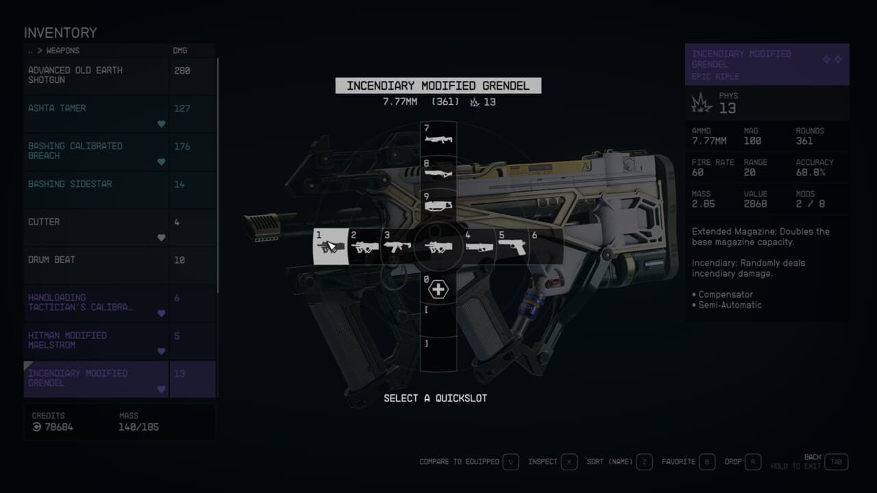 Starfield - how to change weapons: assigning weapons to dial menu in inventory.