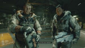 Starfield - how to change weapons: two characters in mining suits.