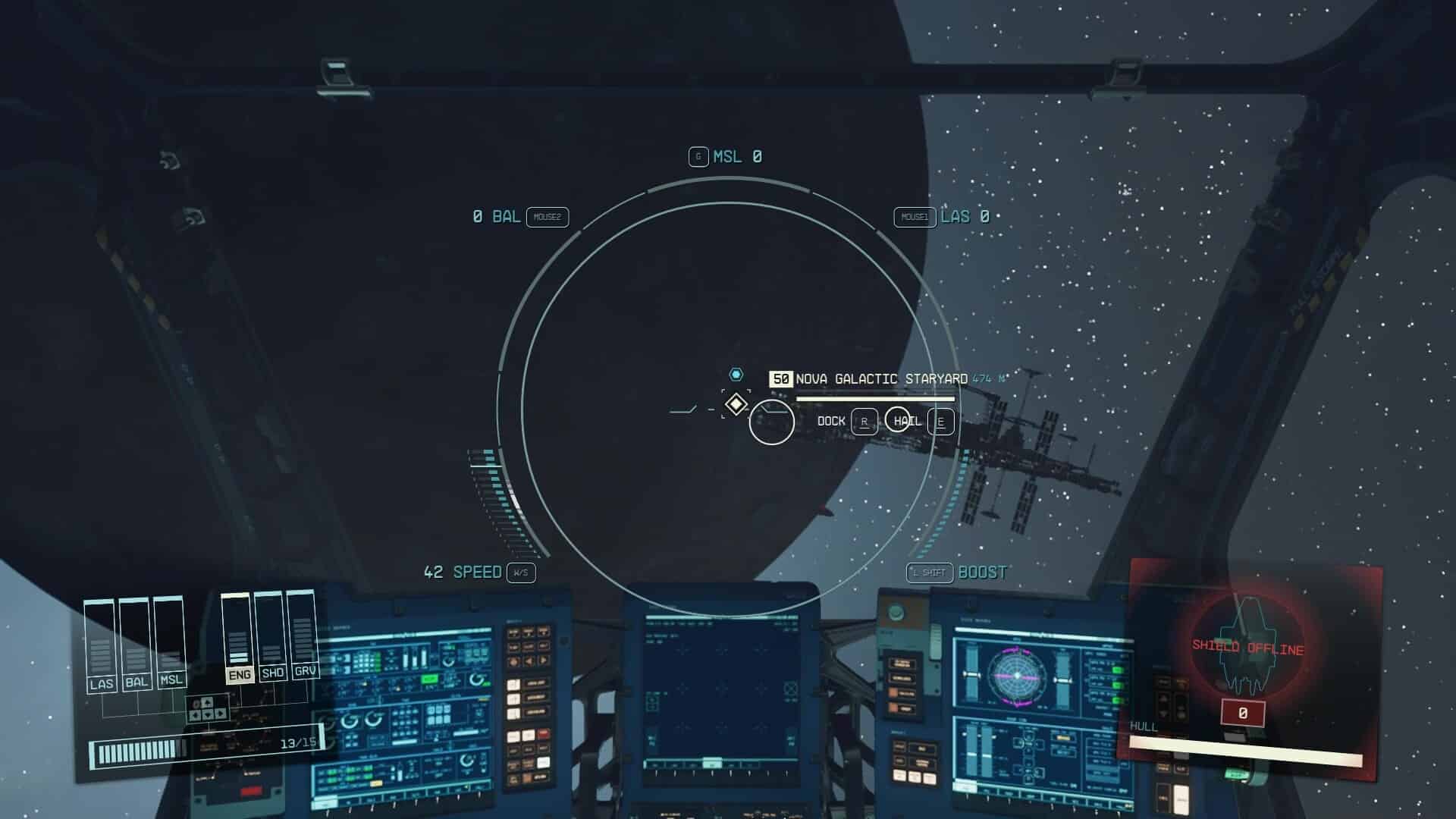 Starfield how to dock - cockpit view of the Nova Galactic Staryard.