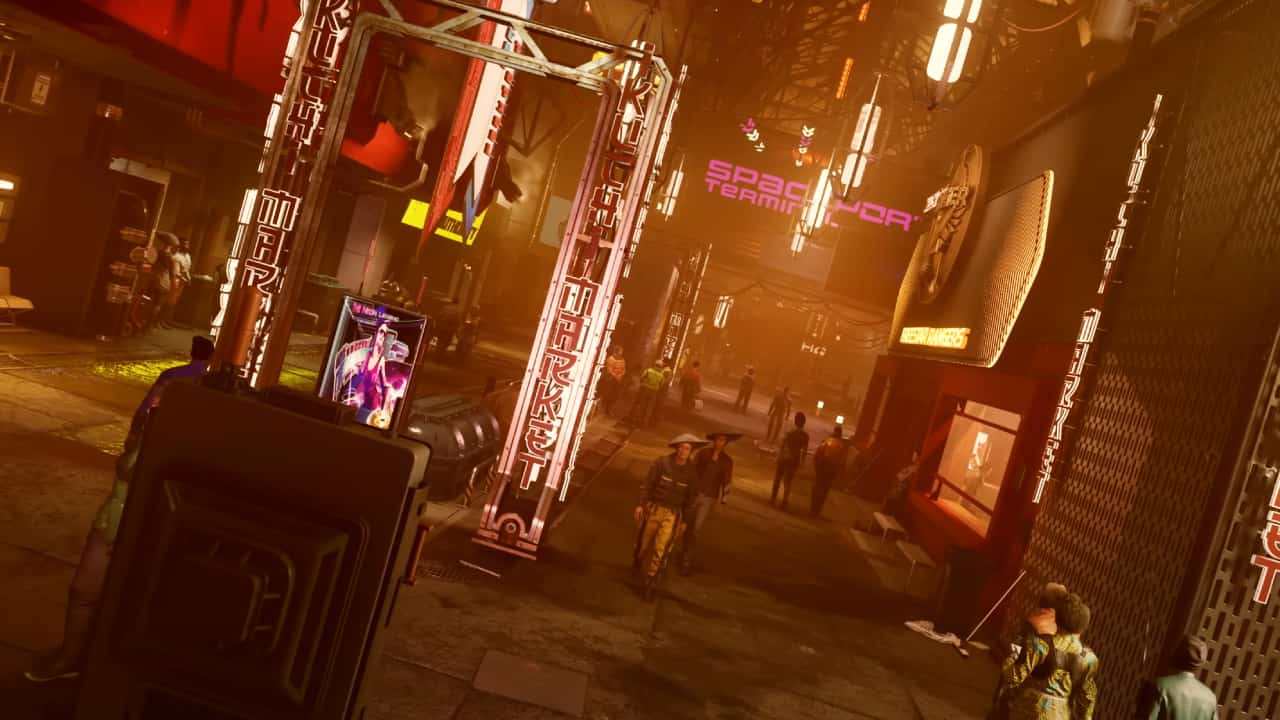 Starfield multiplayer or co-op: A busy street in the dense heart of Neon City, lit by orange glows.