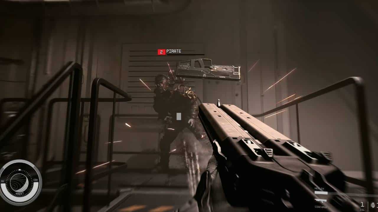 Starfield opening: A player shoots a pirate with a dual-barrel shotgun.