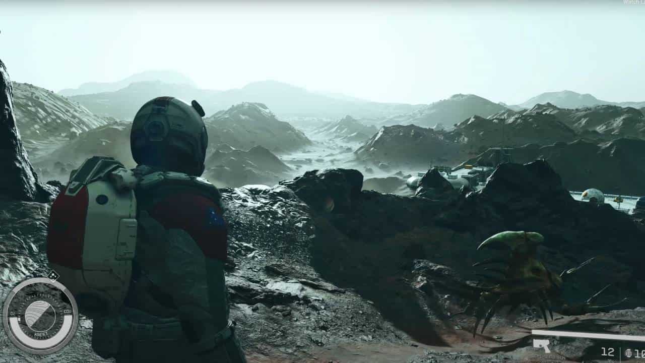Starfield opening: A player walks across the barren surface of Kreet towards a manmade structure.