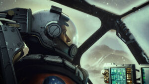 Starfield review: character in spaceshit cockpit.