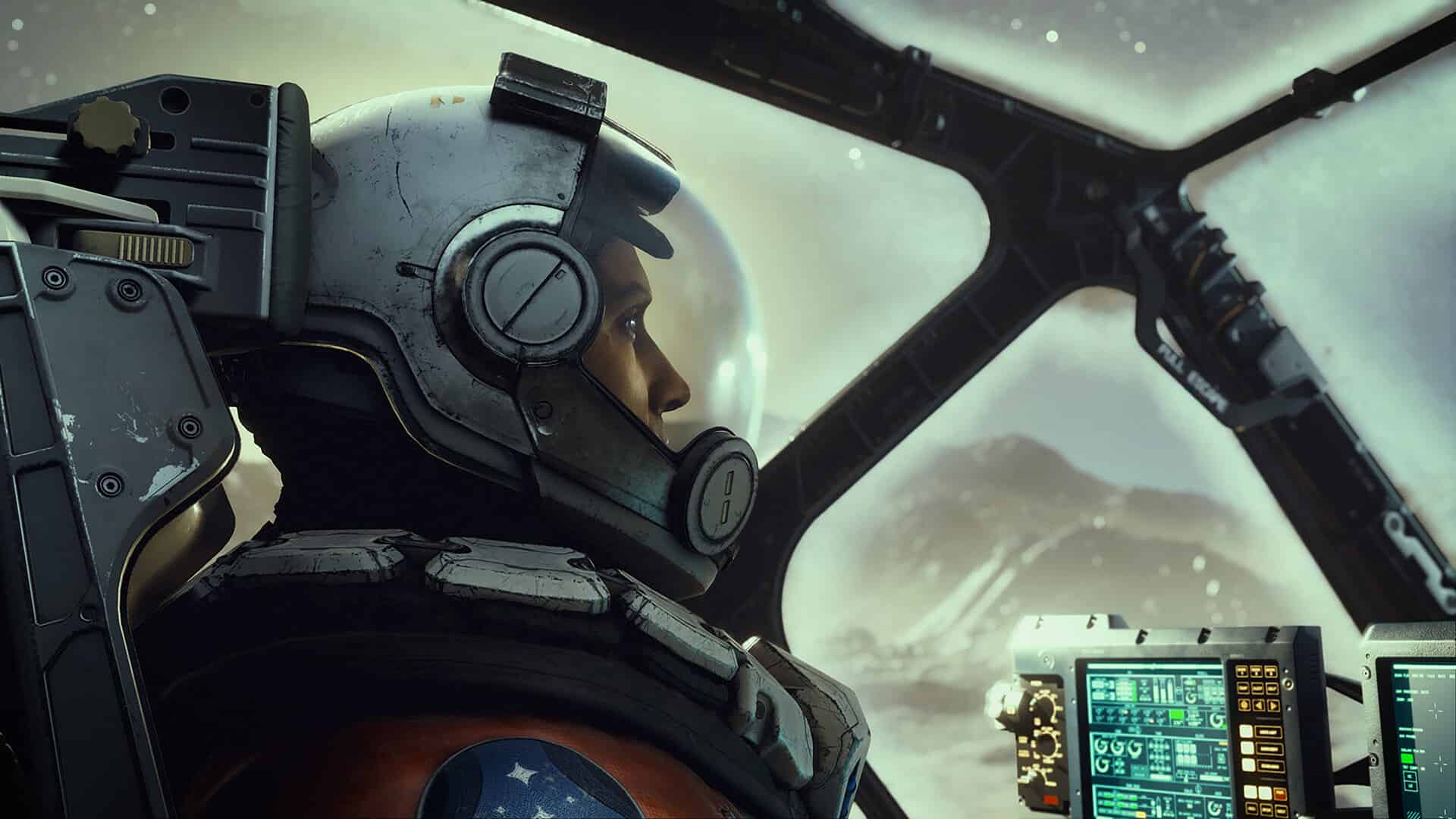 Starfield review: character in spaceshit cockpit.
