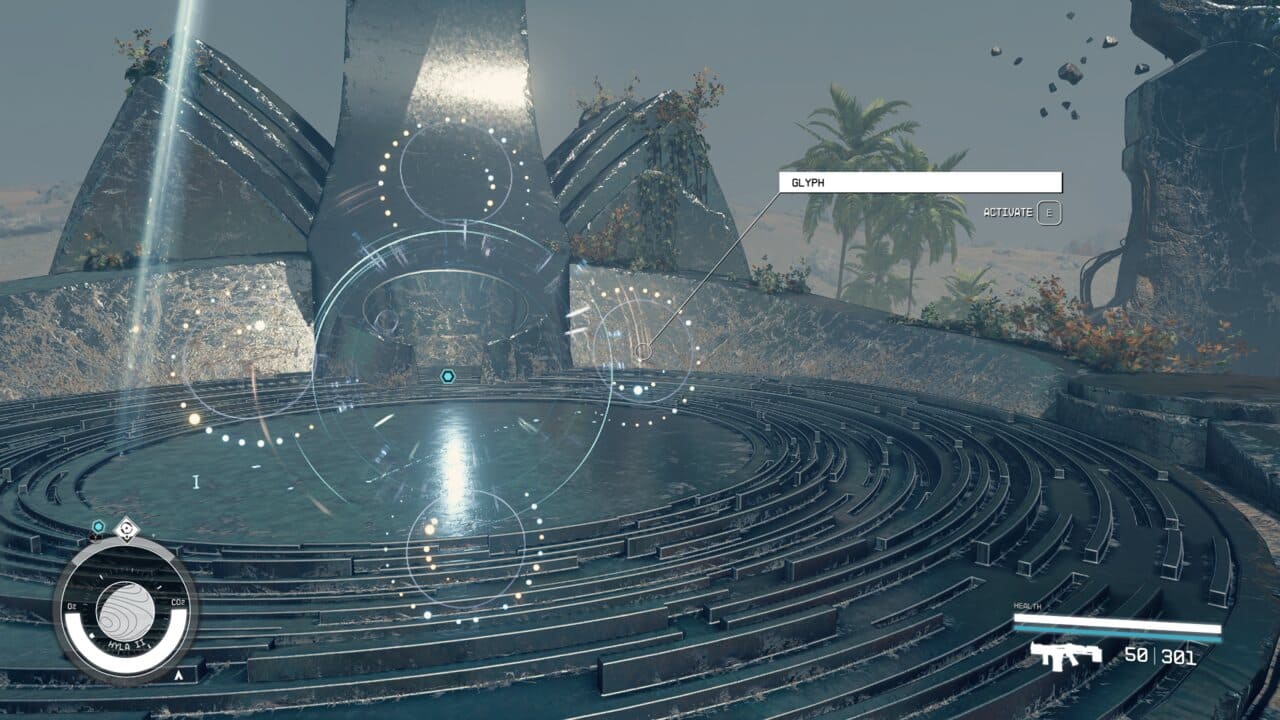 Starfield scorpion's sting: glyph controls at the monument on Hyla II.