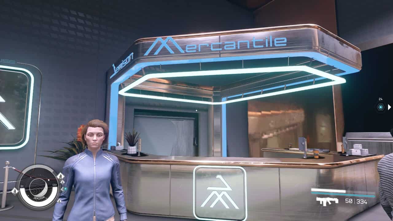 Starfield - how to get ship parts: Jemison Mercantile shop counter in New Atlantis.