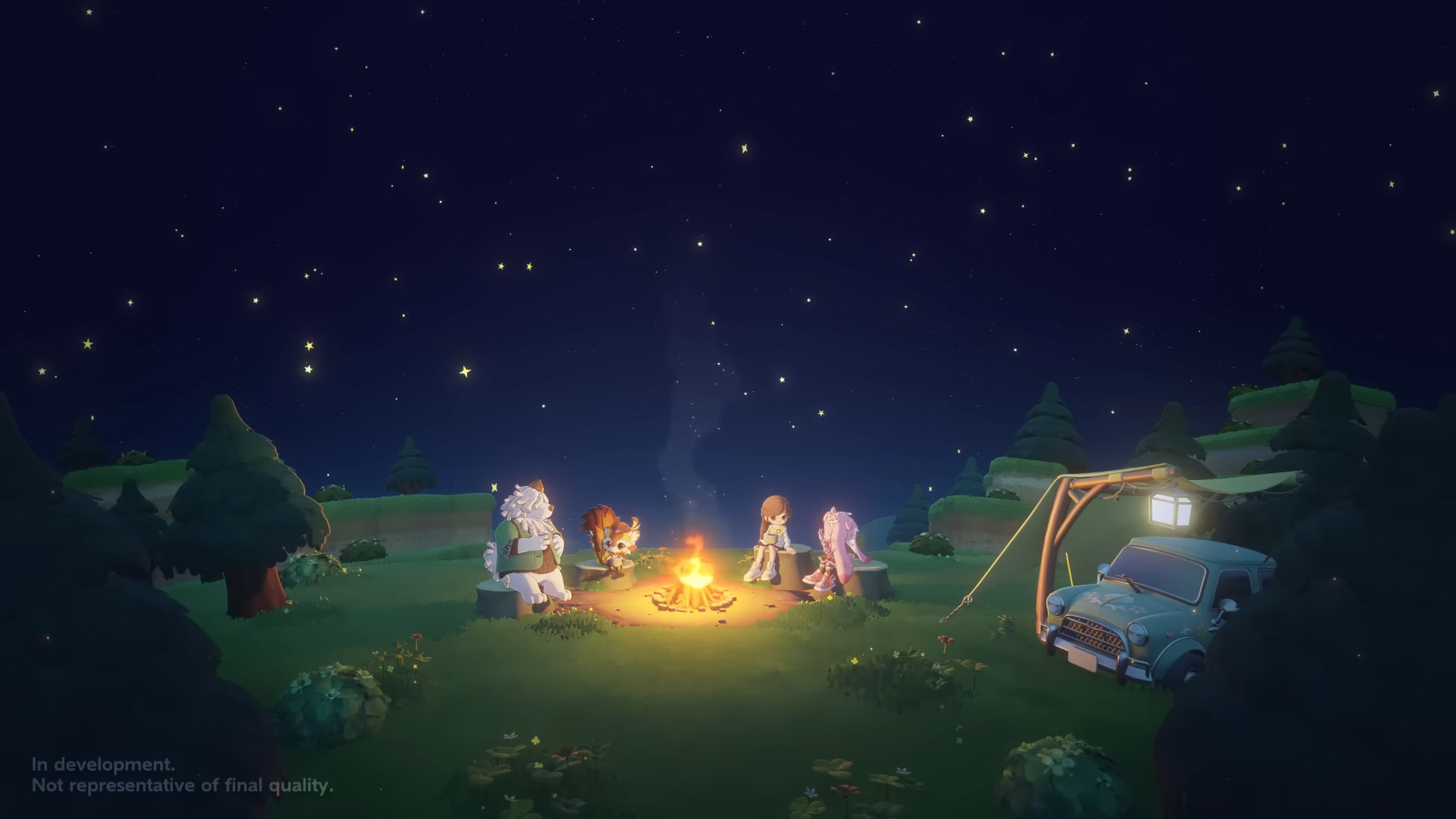 Characters sitting around a glowing campfire under a starry night sky
