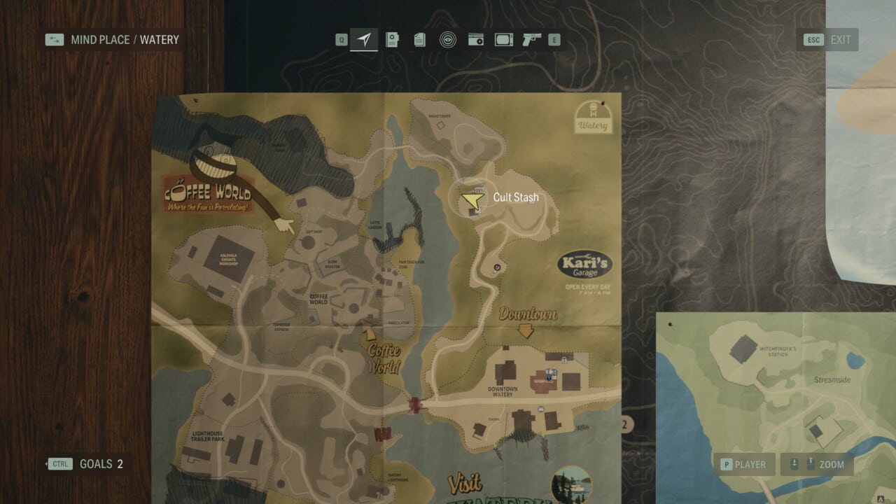 Alan Wake 2 Cult Stash locations: stash location on map in Watery.