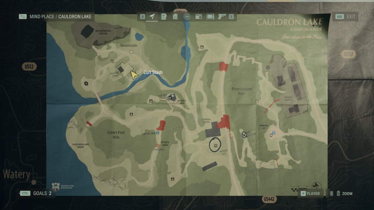 Alan Wake 2 Cult Stash locations: stash location on map in Cauldron Lake.