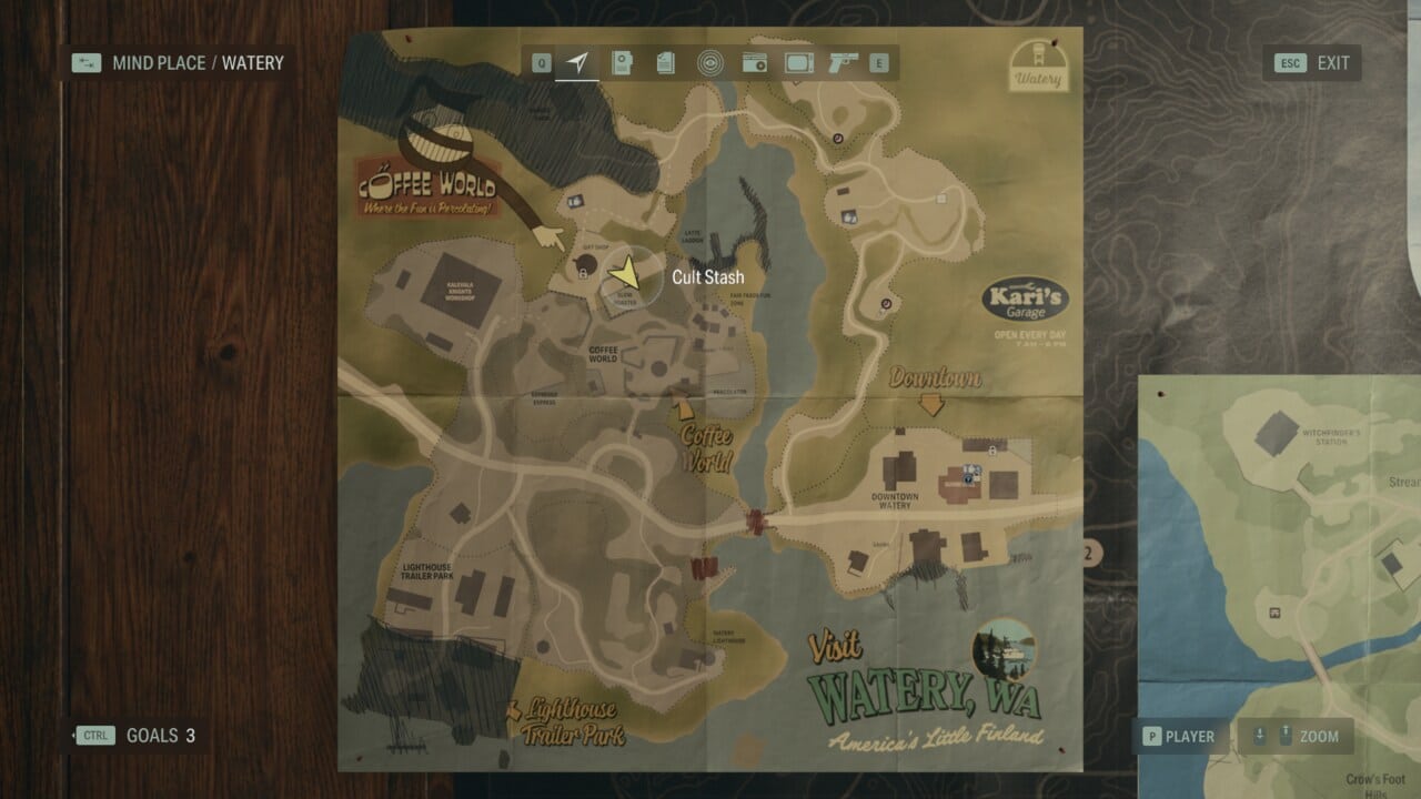 Alan Wake 2 Cult Stash locations: stash location on map in Watery.