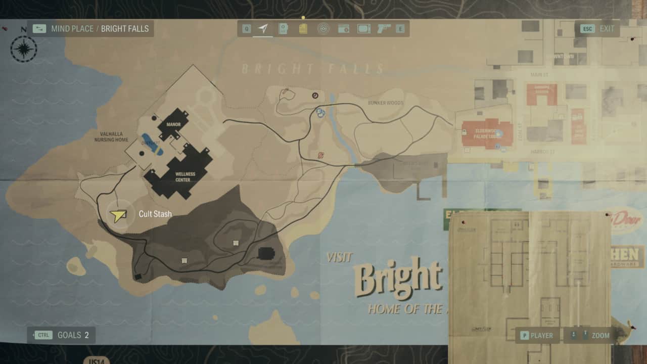 Alan Wake 2 Cult Stash locations: stash location on map in Bright Falls.