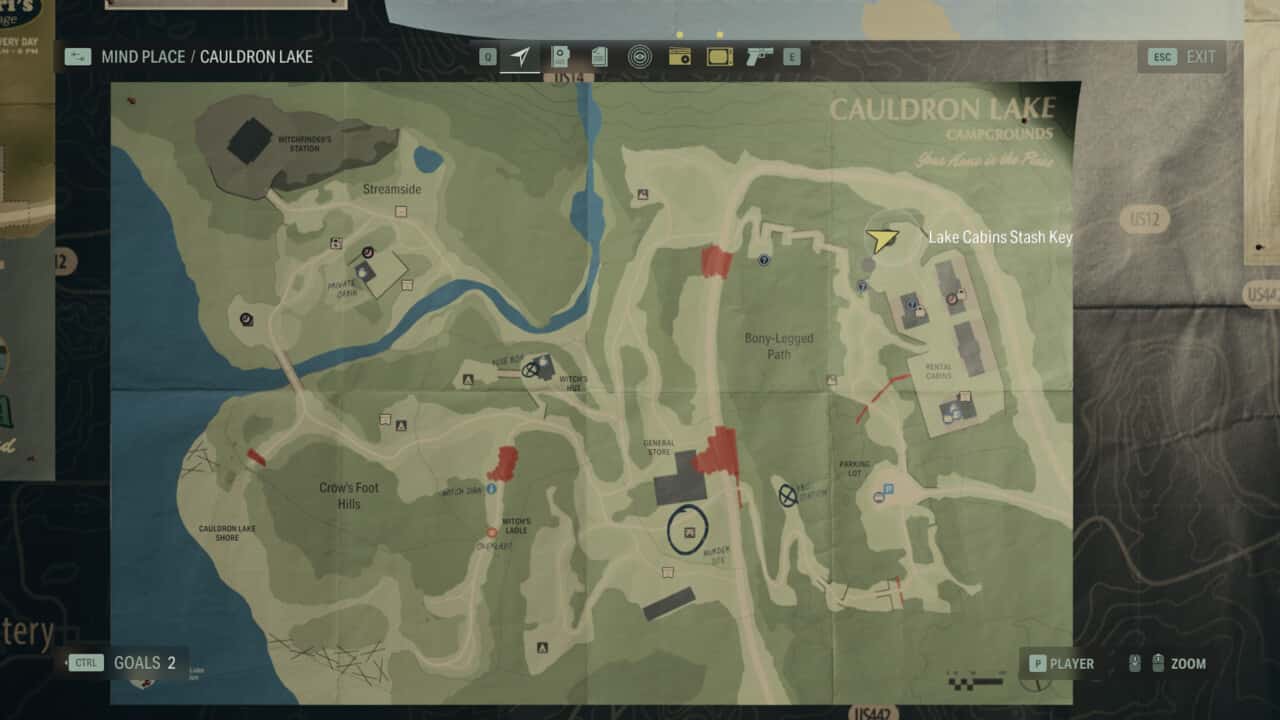 Alan Wake 2 Cult Stash locations: stash location on map in Cauldron Lake.