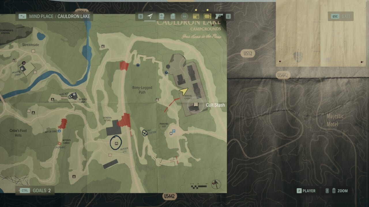 Alan Wake 2 Cult Stash locations: stash location on map in Cauldron Lake.