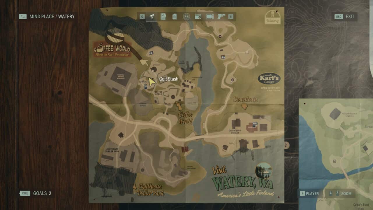 Alan Wake 2 Cult Stash locations: stash location on map in Watery.