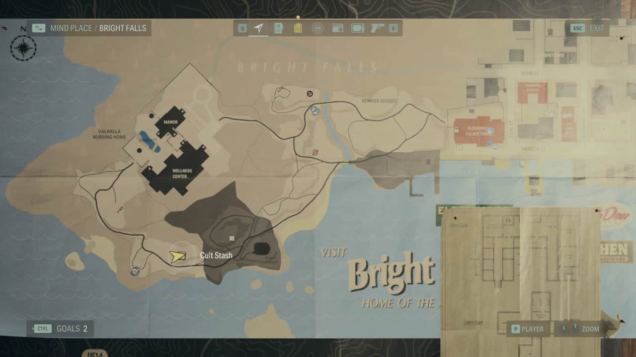 Alan Wake 2 Cult Stash locations: stash location on map in Bright Falls.